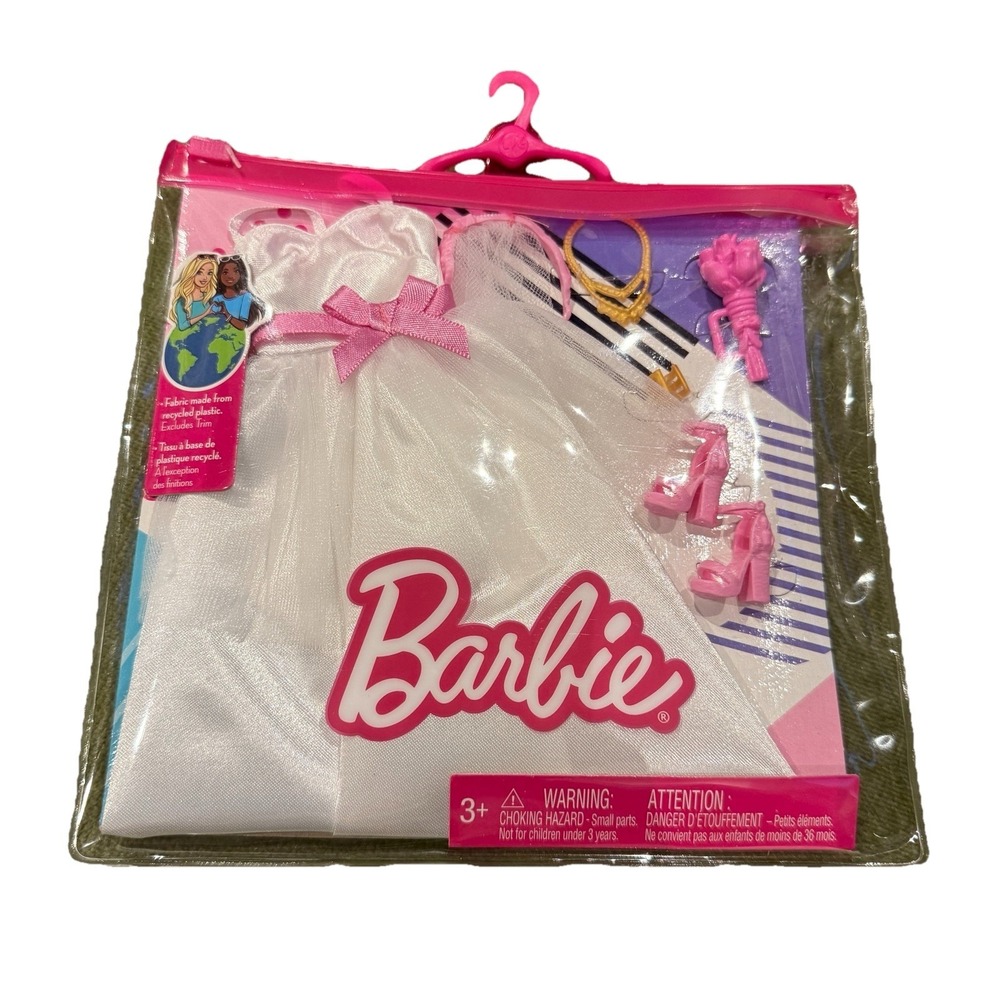 Barbie Fashion Pack White Satin Dress Pink Heels Veil Bouquet Accessories